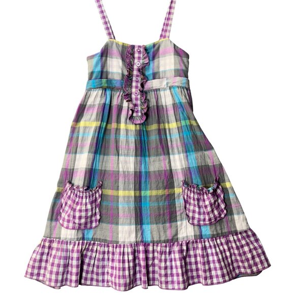 Girls Multicolor Plaid Sundress With Ruffle Pockets & Straps Size 10/12 - Picture 1 of 9